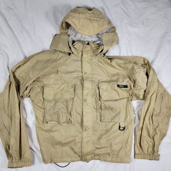 Orvis Mens Large Beige Fly Fishing Shell Jacket Hooded Coat Windbreaker - Picture 1 of 14